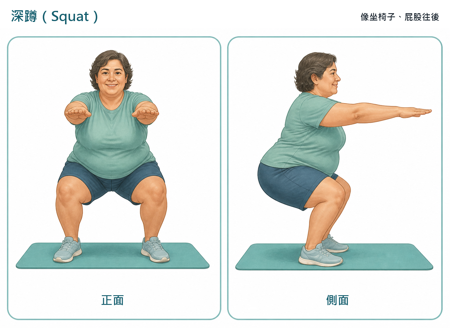深蹲:像坐椅子、屁股往後(正面與側面示範)