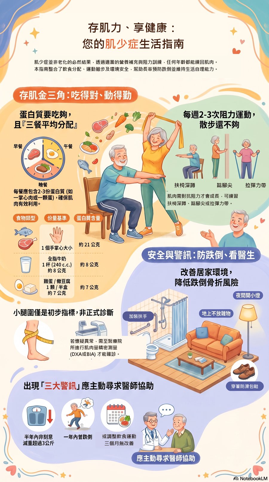 存肌力、享健康：肌少症生活指南衛教海報，內容包含蛋白質怎麼吃、阻力運動怎麼做、居家防跌與何時該看醫師